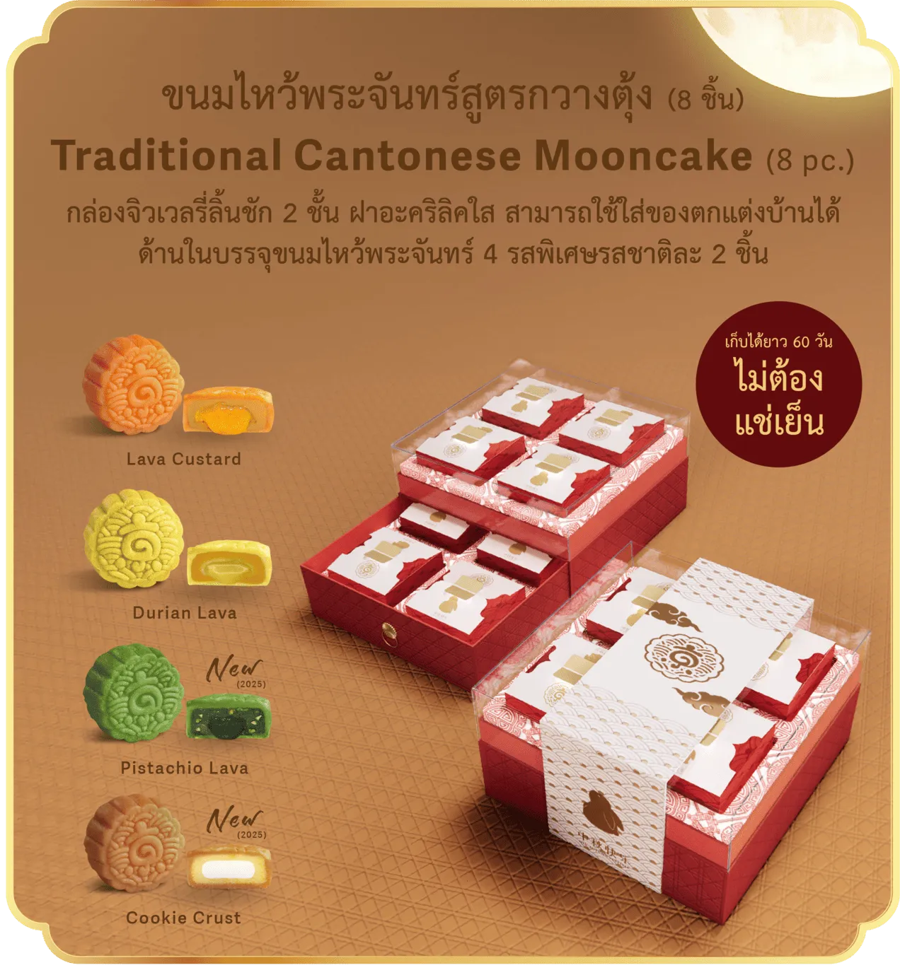 ภาพรวมขนมไหว้พระจันทร์กวางตุ้ง Kyo Roll En รสคัสตาร์ดลาวา ทุเรียนลาวา พิสตาชิโอลาวา คุกกี้ครัสต์ พร้อมกล่องบรรจุสีแดง
